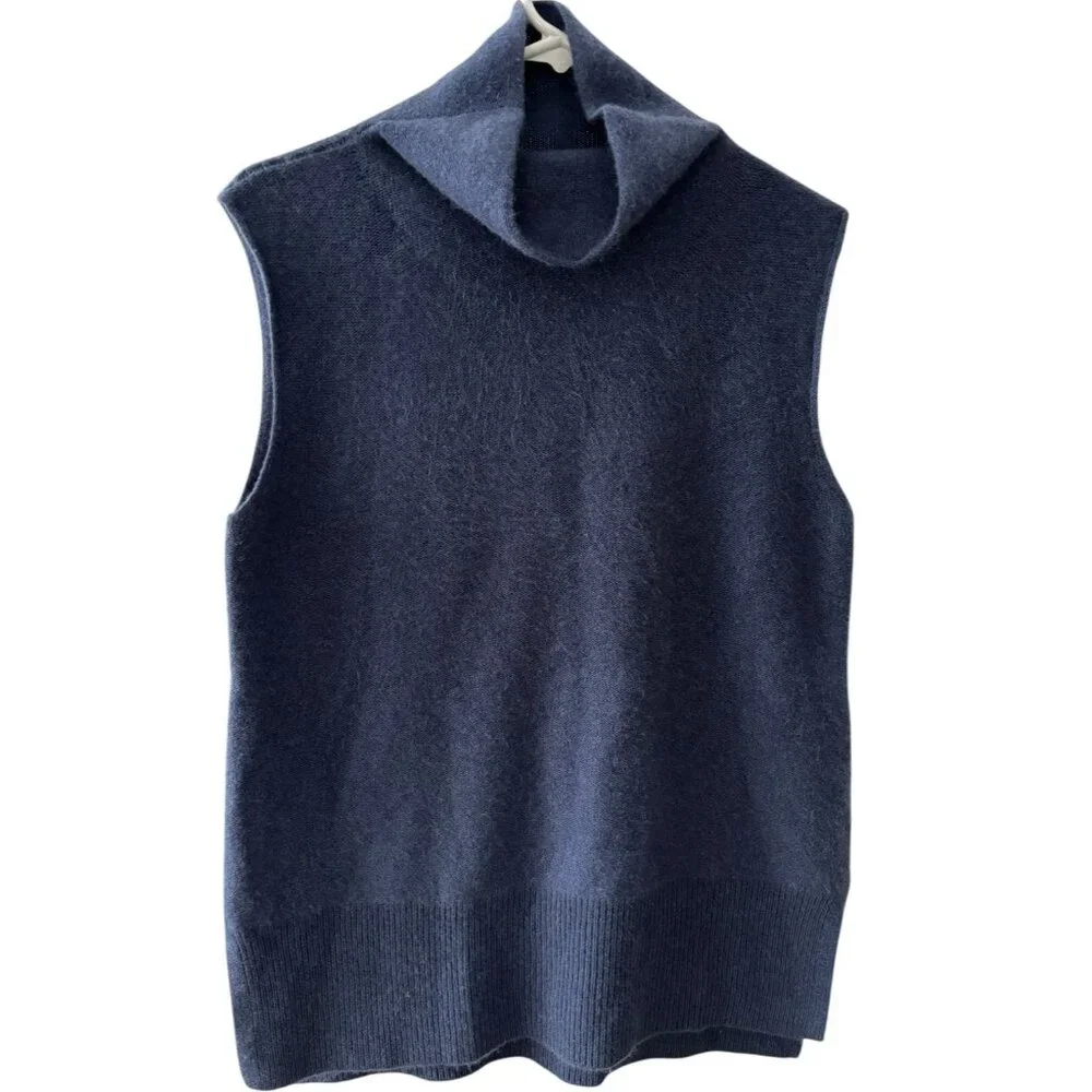 Vince Sweater Womens M Cashmere Blue Sleeveless Turtleneck Sweater Split Side - Picture 2 of 10